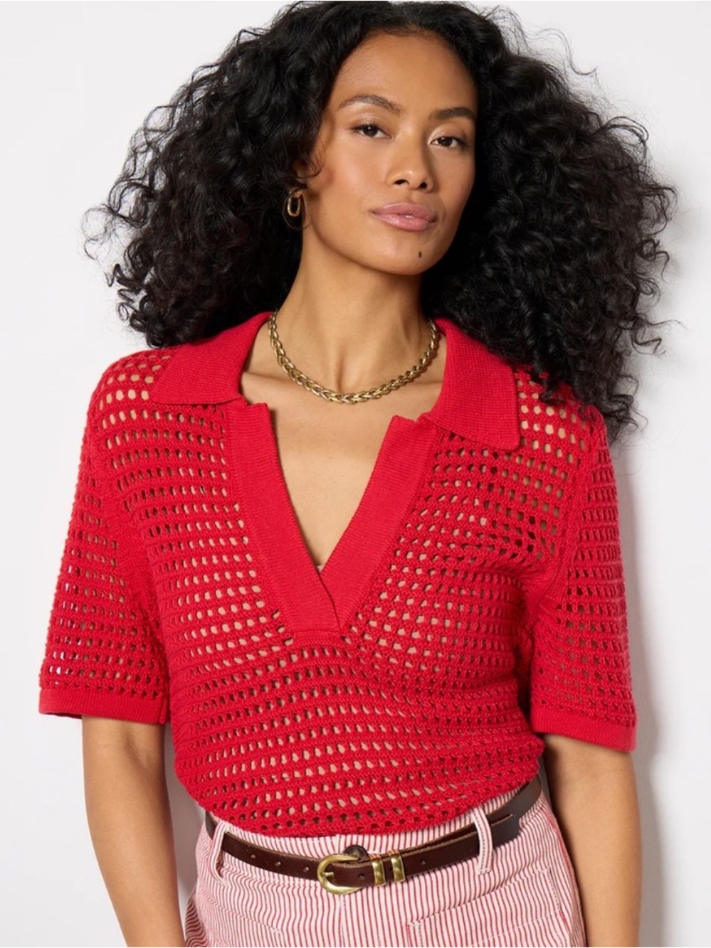 Evereve Red Crochet Open-Knit Cotton Polo Sweater Size Small